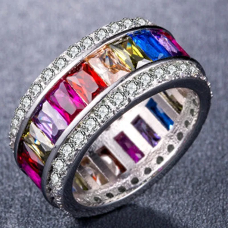 Hot Sale Dainty Rainbow Ring Colorful Multi Color CZ Square Zirconia Baguette Finger Gold Color Ring for Women Females Jewelry