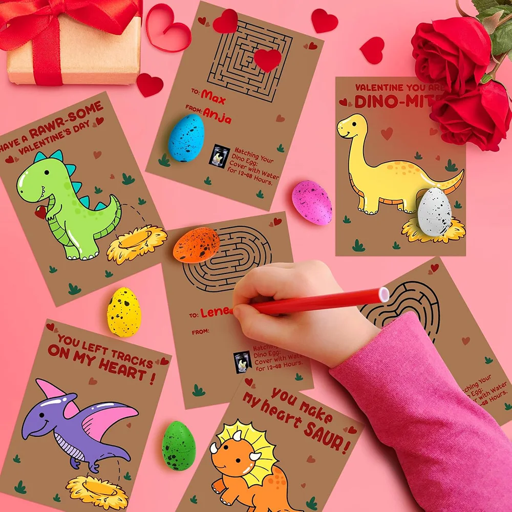 12Pcs Valentine's Day greeting card with interesting dinosaur eggs hatching and growing in water Dinosaur eggs as holiday gifts