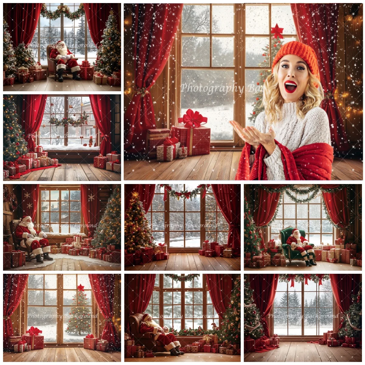 

Santa Claus Backgrounds For Photographs Christmas Tree Golden Bell Wooden Window Kids Birthday Decorations Photography Backdrop