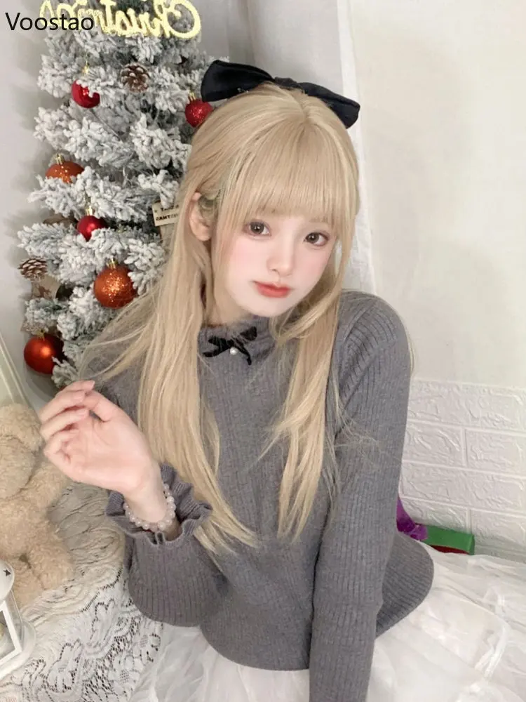 Japanese Kawaii Lolita Knitted Pullover Women Sweet Ruffles Collar Bow Long Sleeve Sweater Girls Harajuku Cute Knitwear Tops