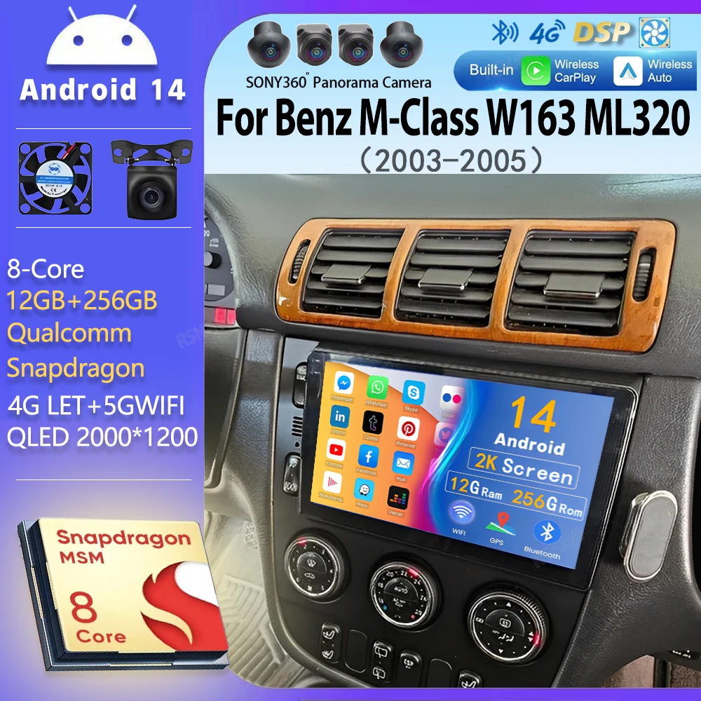 Android 14 For Benz M-Class W163 ML320 2003 - 2005 2K QLED Android Car Radio Multimedia Video Player GPS stereo CarPlay Wifi 4G