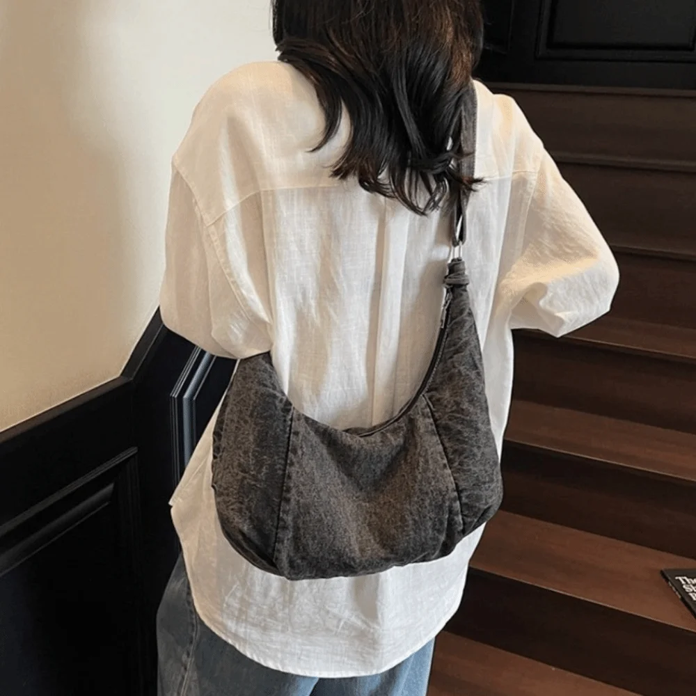 

Korean Vintage Denim Shoulder Bag Versatile Cross Body Hobo Sling Bag Large Capacity Zipper Satchel Bags Unisex