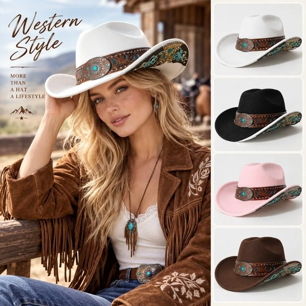 Turquoise Decor Western Cowboy Hat Vintage Embossed Band Cowgirl Hat Retro American Style Stage Performance Hat For Women Man