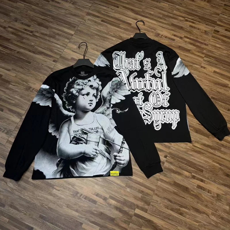 American Vintage Angel Print Long Sleeve Tee Gothic Style Letter Print Loose THAT'S A AWFUL LOT OF COUGH SYRUP Tops Men Women