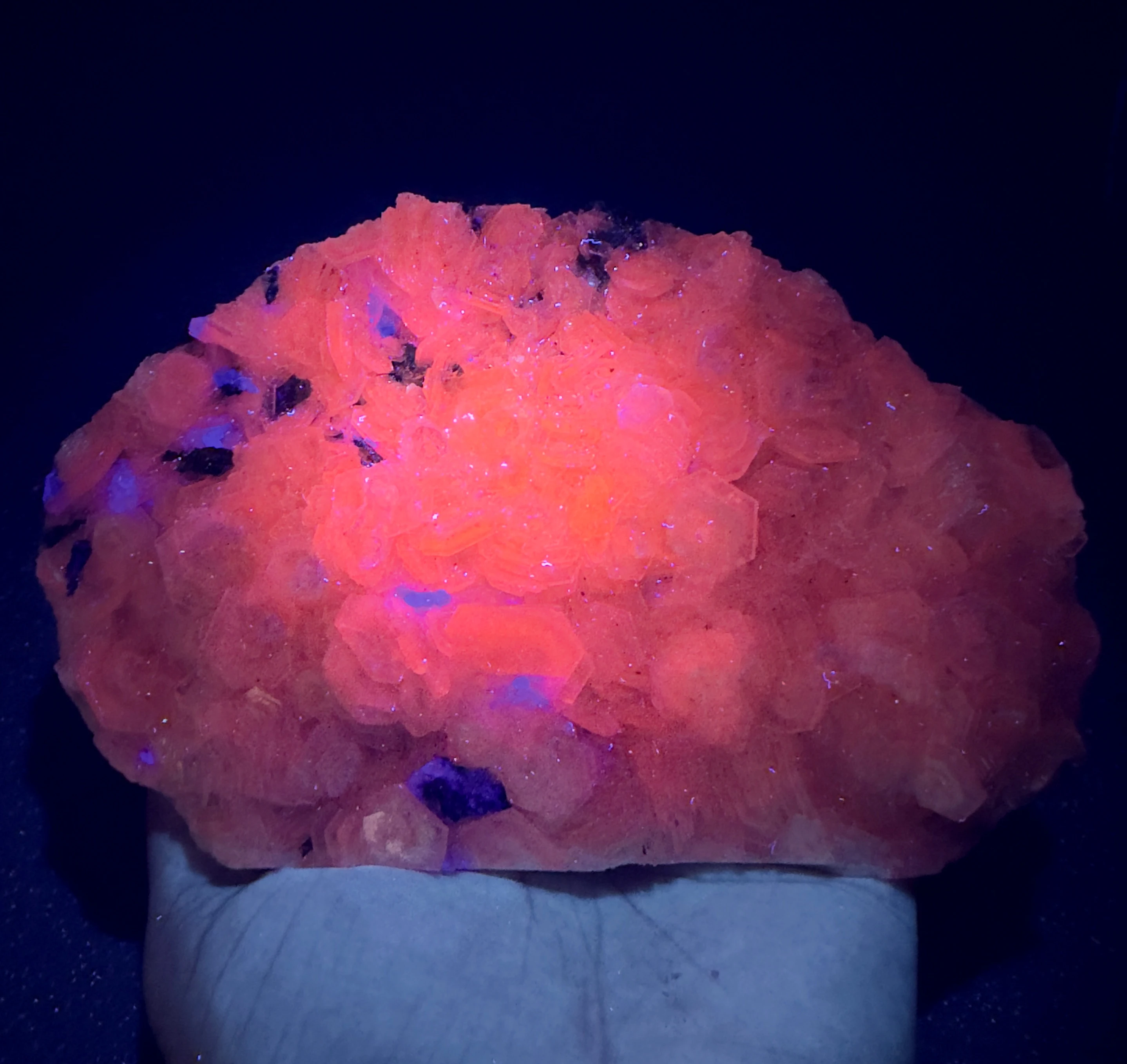 

Natural polyhedral pink red Fluorescent calcite mineral specimen + healing quartz crystals and stones rock gemstone