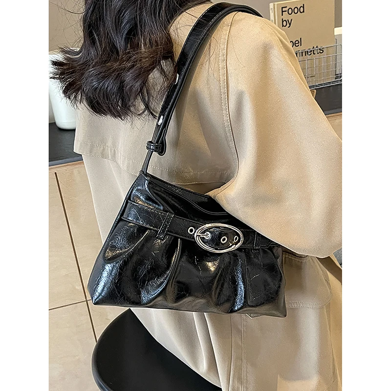 Bolso para axila Y2K de moda versión coreana, bandoleras de piel con cera de aceite plisadas con sentido de diseño para mujer, bolso informal, bolso cruzado