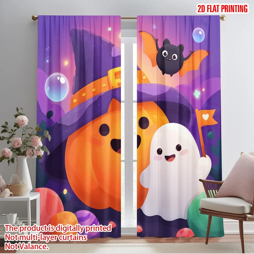 

2pcs 2D flat printing Curtain Cute Halloween Pumpkin Ghost Bat Polyester Without Electricity Festive Holiday Perfect for Holiday