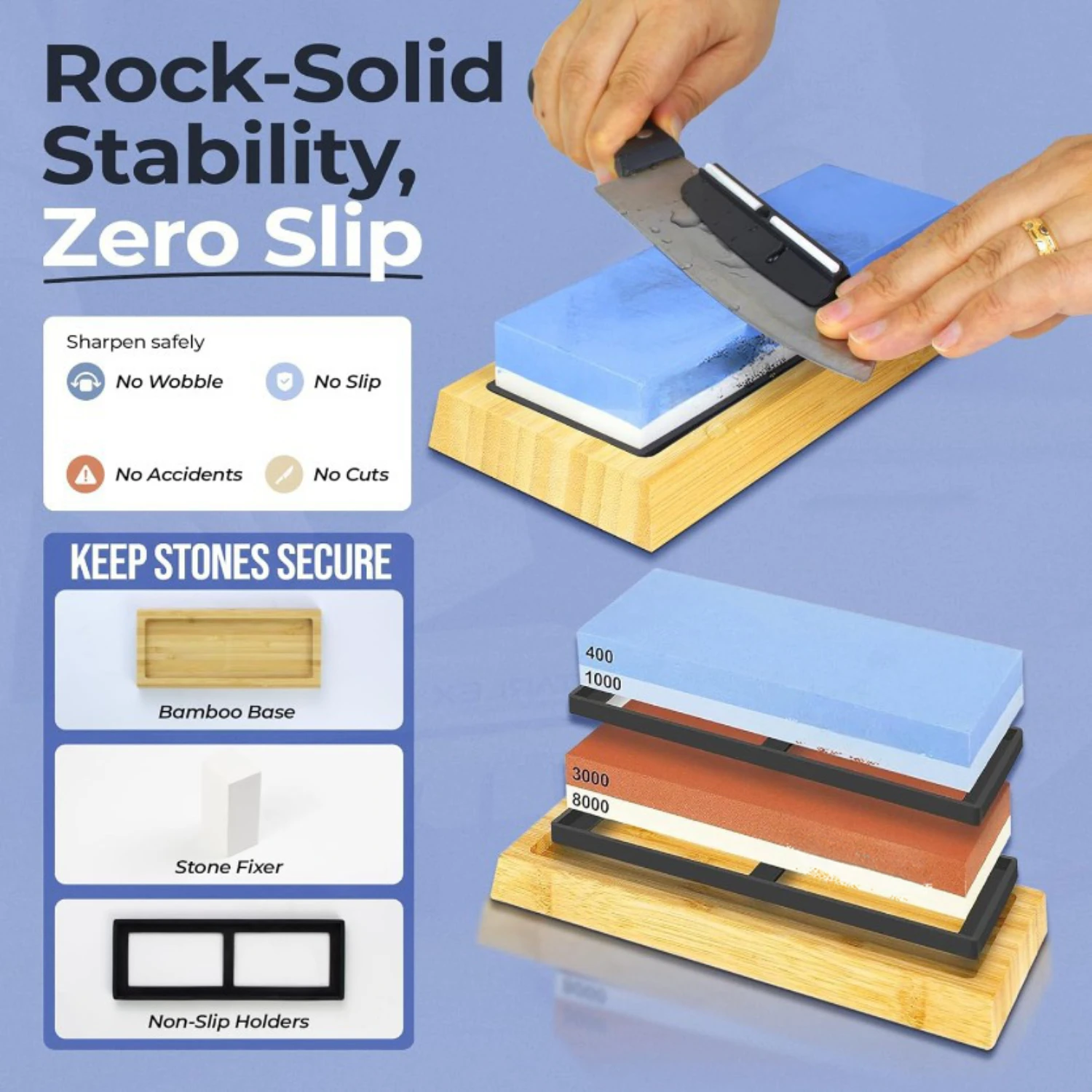 Premium Knife Sharpening Stone Set – Dual Grit Whetstones (400/1000 & 3000/8000), Flattening Stone, Angle Guide