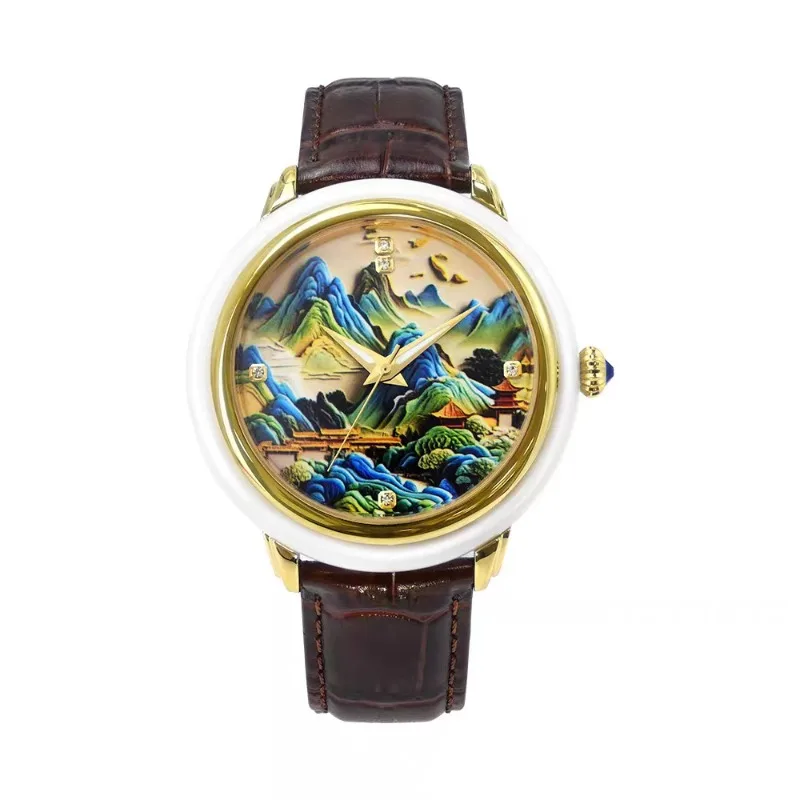 2026 New Mechanical Watch Chinese Wind Landscape Painting Luminous Couple Watch Jade Pair Belt view 5