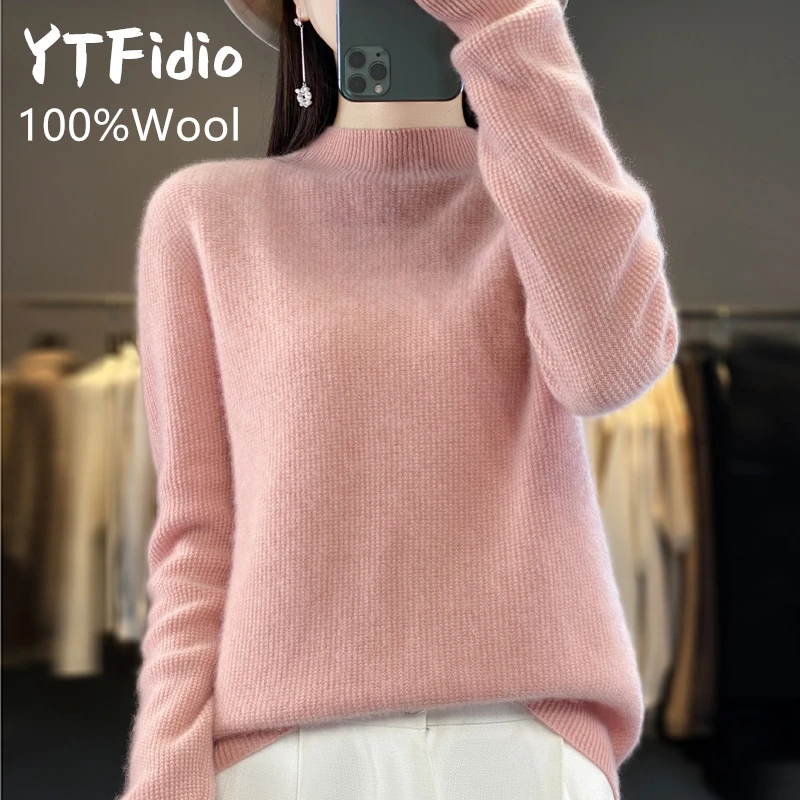 YTFidio 100% Wool Women Half High Collar Solid Slim Tops Outerwears Knitted Pullover Office Lady Solid Elastic Pullover 90