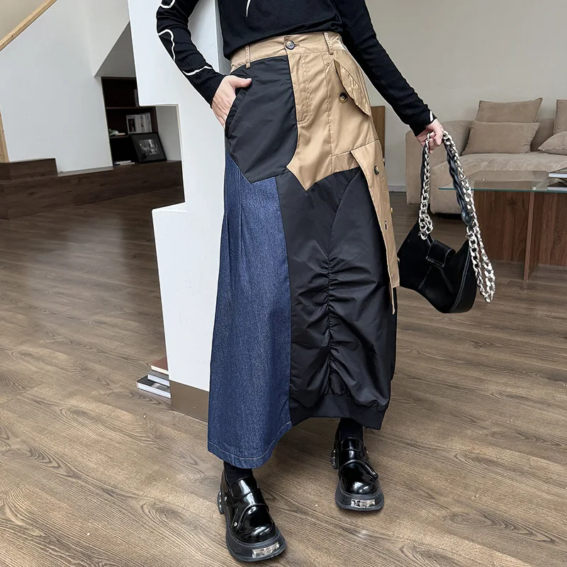 Vintage Patchwork Denim Skirt Women Color Block Cargo High Waist A-Line Skirt Autumn New Loose Slim Fit Versatile Skirt