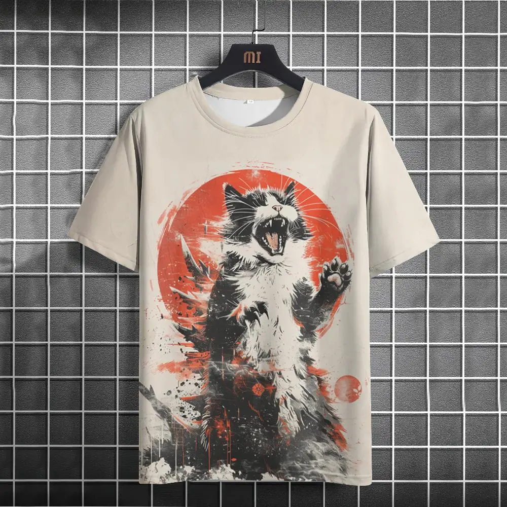 Japanese Style T-Shirt For Men Godzilla And The Cat Graphic T Shirts Printed Short Sleeve T Shirts Oversized Men's Clothing Tops