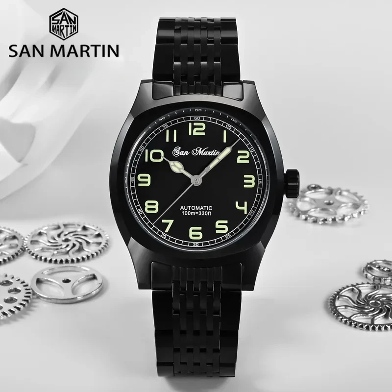 San Martin SN0026G-AH 38mm DLC Black Men Watch Sports Vintage Original Design PT5000 SW200 Automatic Mechanical Watches Sapphire
