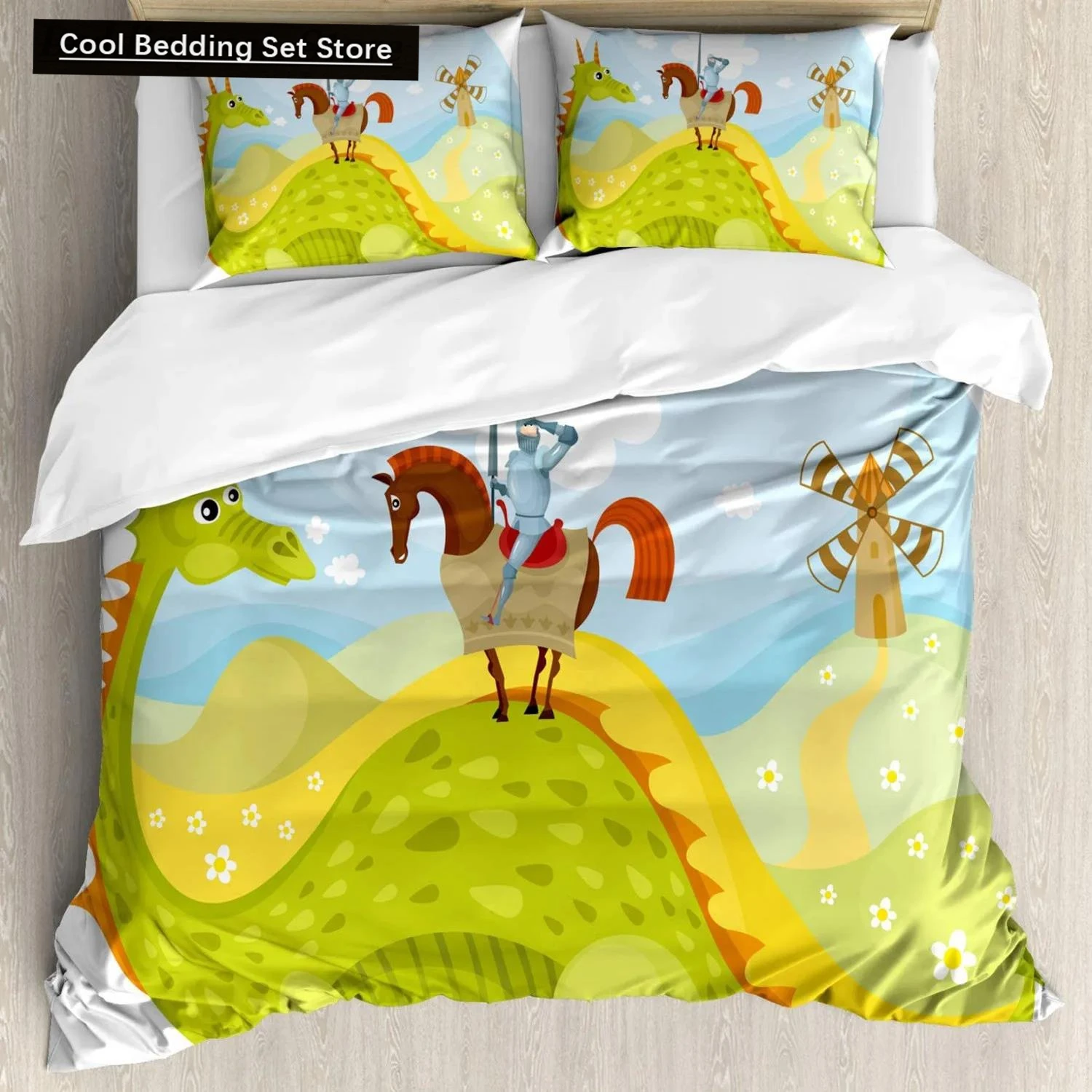 Fantasy Duvet Cover Knight Don Quixote Horse on Dragon Valley Medieval Image Print Double Queen King Size Polyester Qulit Cover