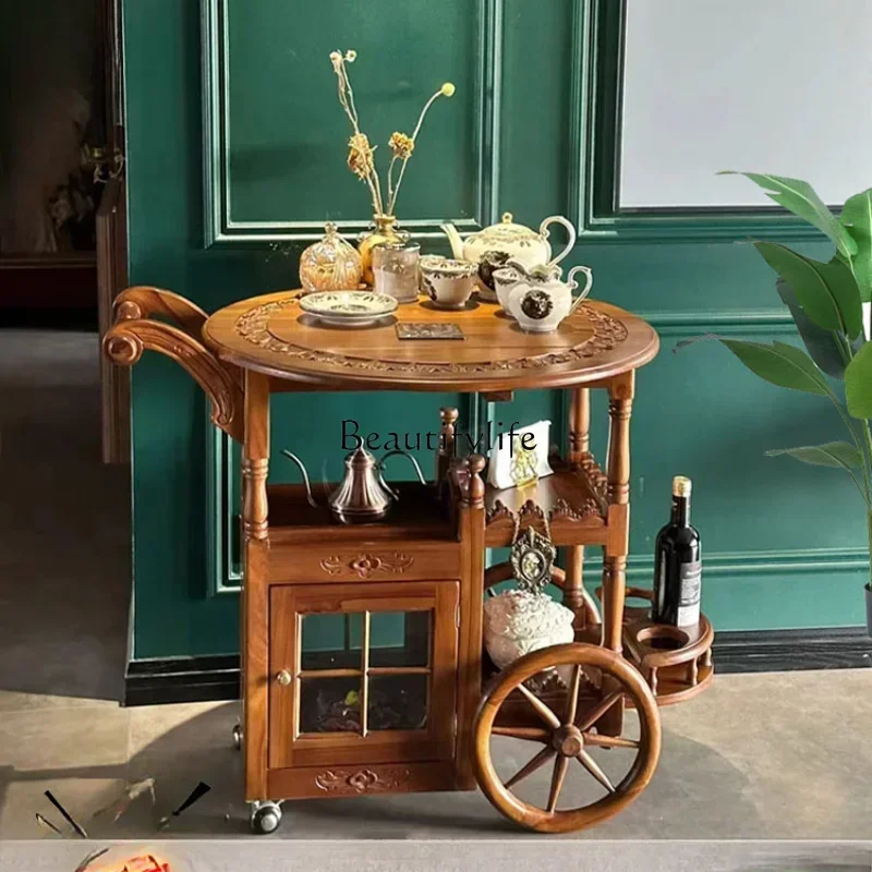 

yj58 Mobile coffee table American dining car medieval hand push double storage cart folding white wax advanced sense French retr