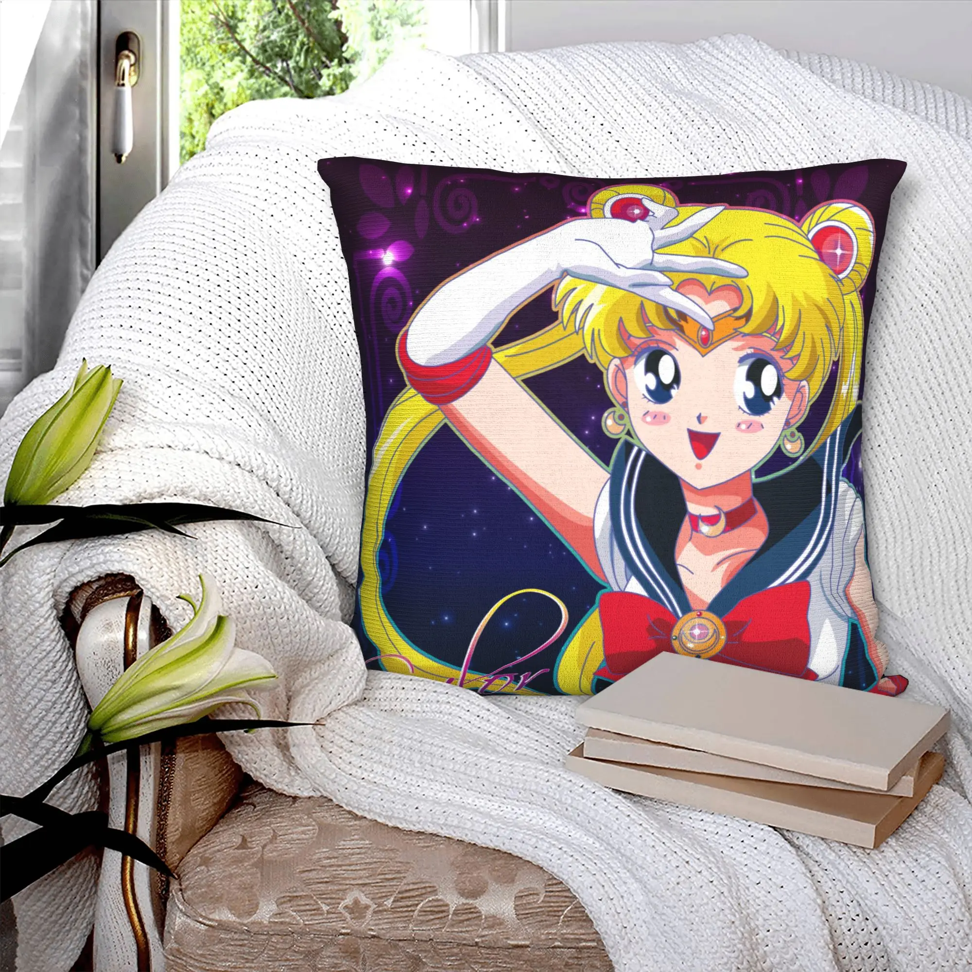 Anime Moon Girl Cushion Cover 40x40cm Japanese Shojo Sailor Manga Velvet Modern Pillow Home Decoration