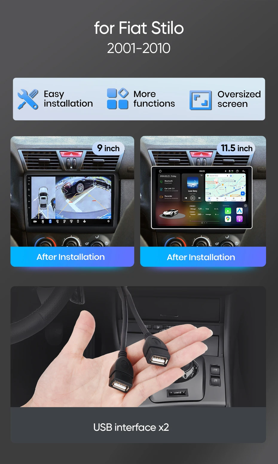 Junsun Android Auto Autoradio für Fiat Stilo 2001 2002 2003 2004 2005 2006 2007-2010 Multimedia Wireless Apple CarPlay Smart Intelligent Systems IPS Touchscreen Stereo Video Player 2 Din Autoradio Head Unit Navigation BT GPS 4G WIFI FM AM DSP RDS SWC – Detail 2