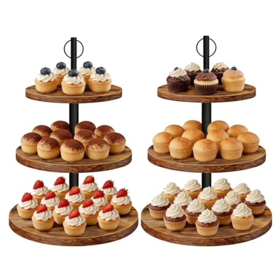 

Cupcake Stand 3 Tier Wood Cake Stands Rustic Cupcake Tower Round Tiered Tray Stand for Dessert Table Display Industrial Wooden