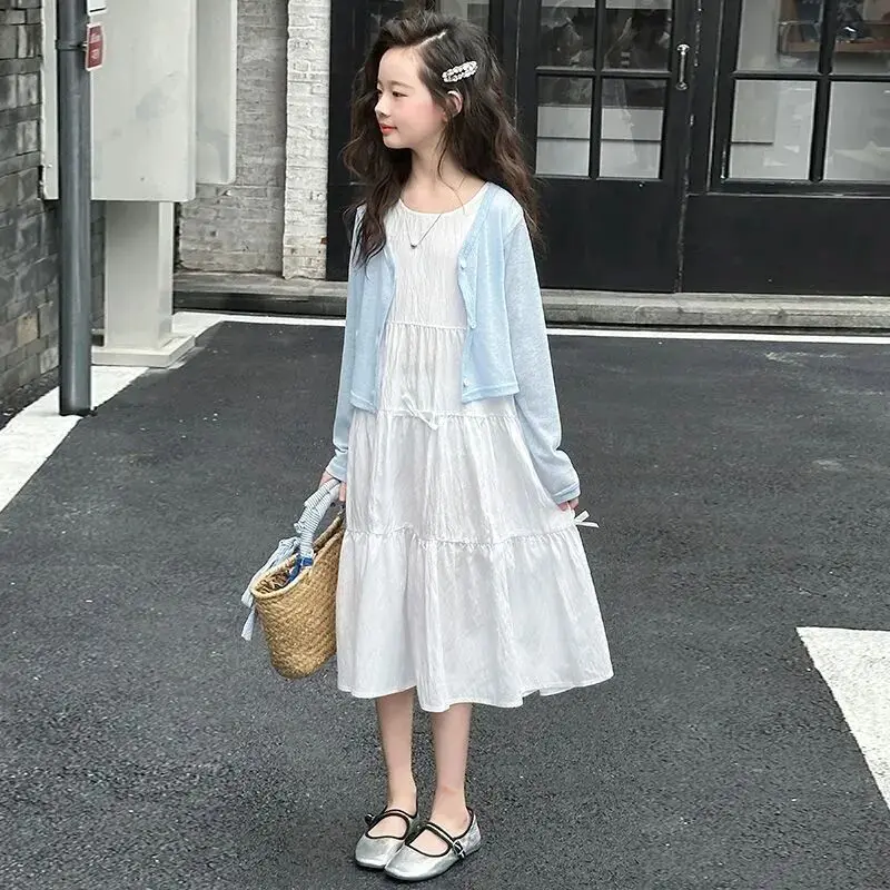 Girls' Set Summer New Thin Children's Bow Dress Sunscreen Cardigan Two Piece Set