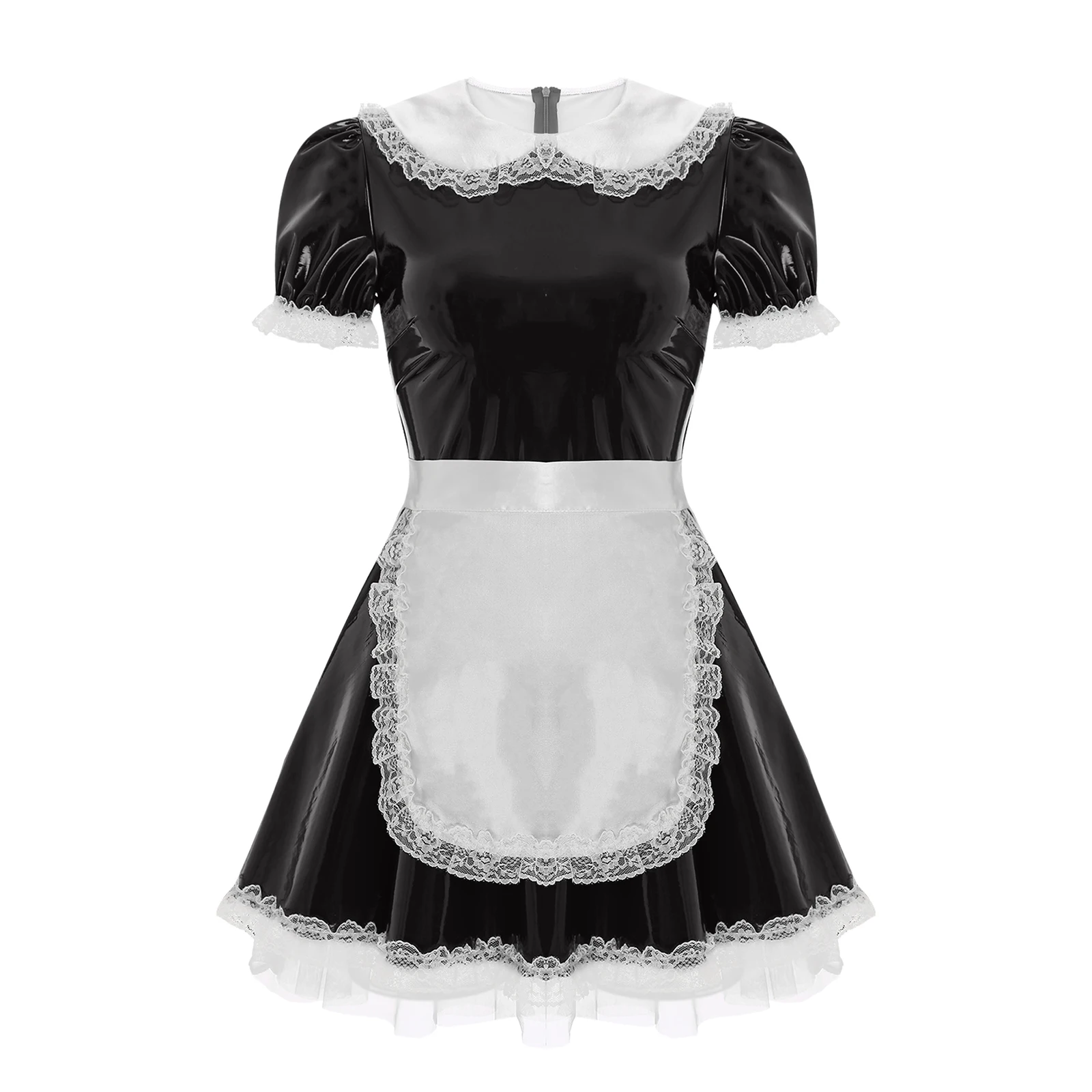 Womens Wet Look Patent Leather Short Puff Sleeve Maid Dress with Apron Set Adult Halloween Cosplay Party Fancy Dress Outfits