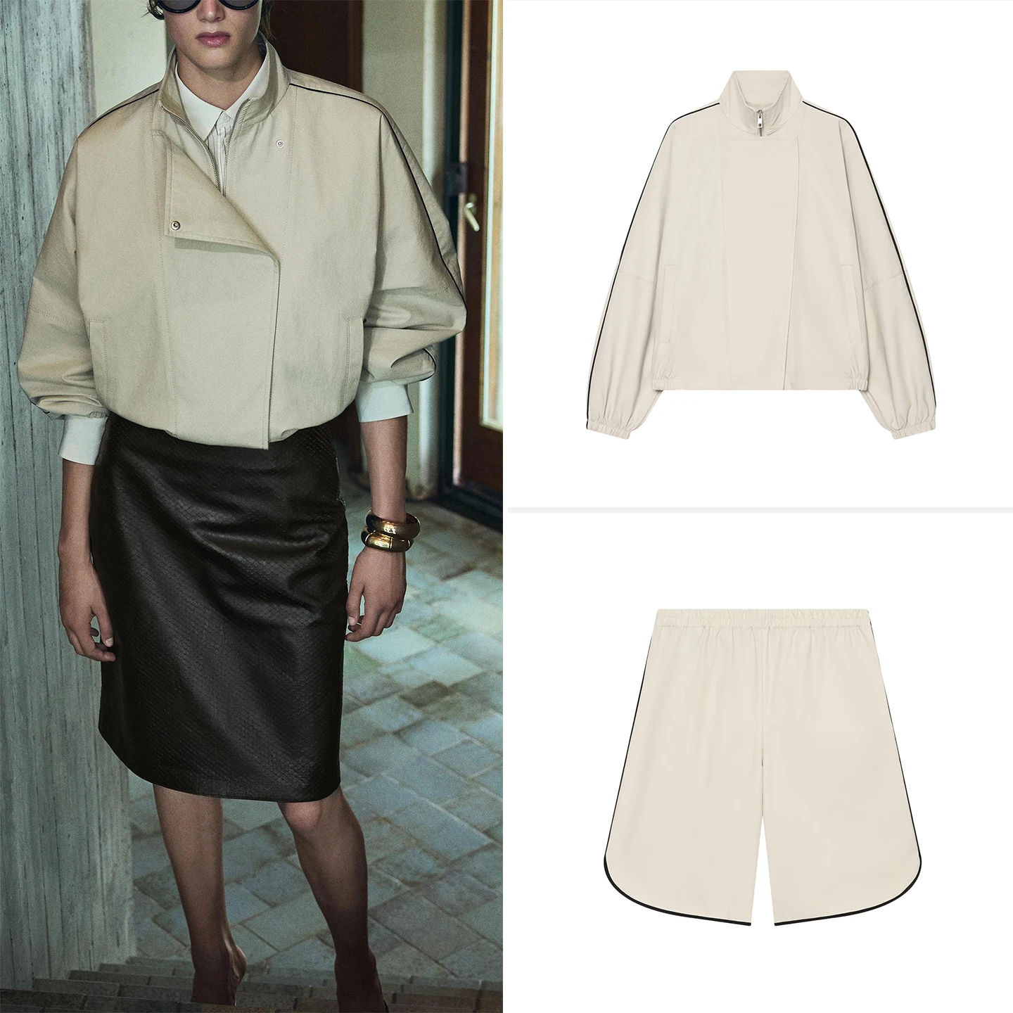 Women's Pilot Jacket Coat Collar Trim Color Block Casual Shorts Two-Piece Set Long Sleeve Zipper Middle Waist Spring Autumn W...