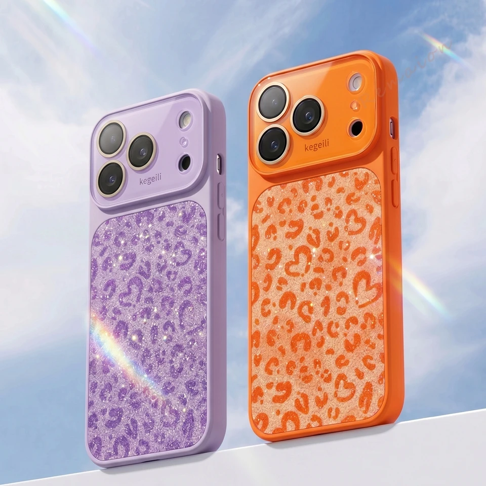 

Bling Glitter Big Window Phone Case For iPhone 17 12 13 14 15 16 17 Pro Max Official Sexy Leopard Shockproof Protector Cover
