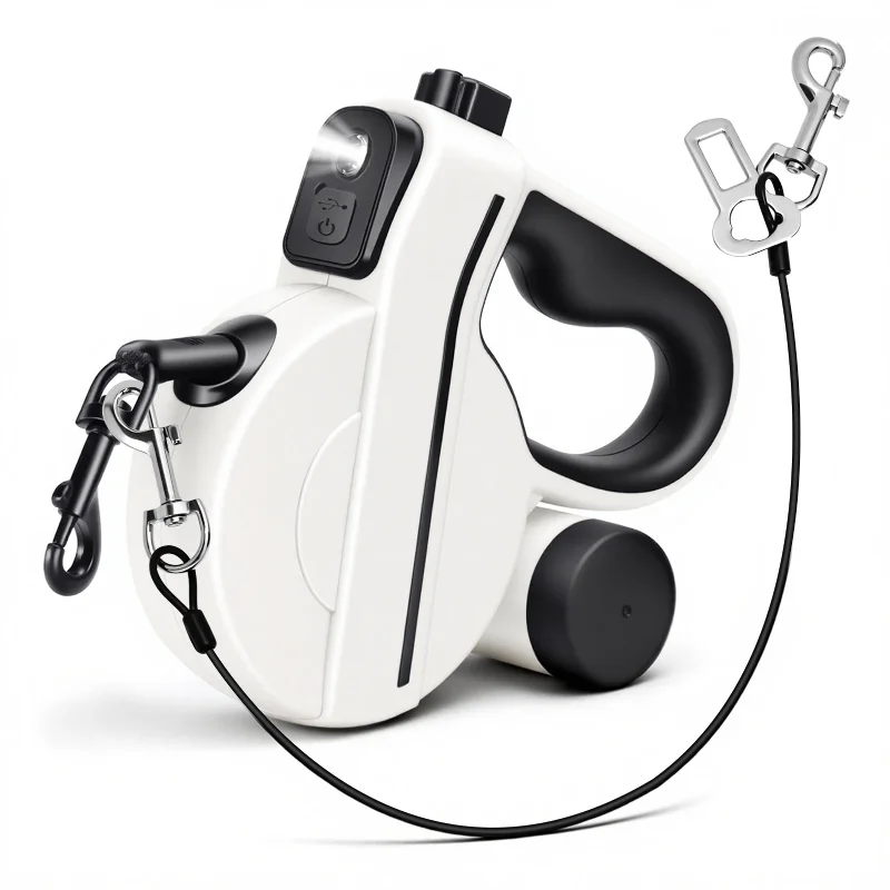 

LED Retractable Dog Leash, Reflective & Tangle-Free with Poop Bag Holder for Night Safety, Black