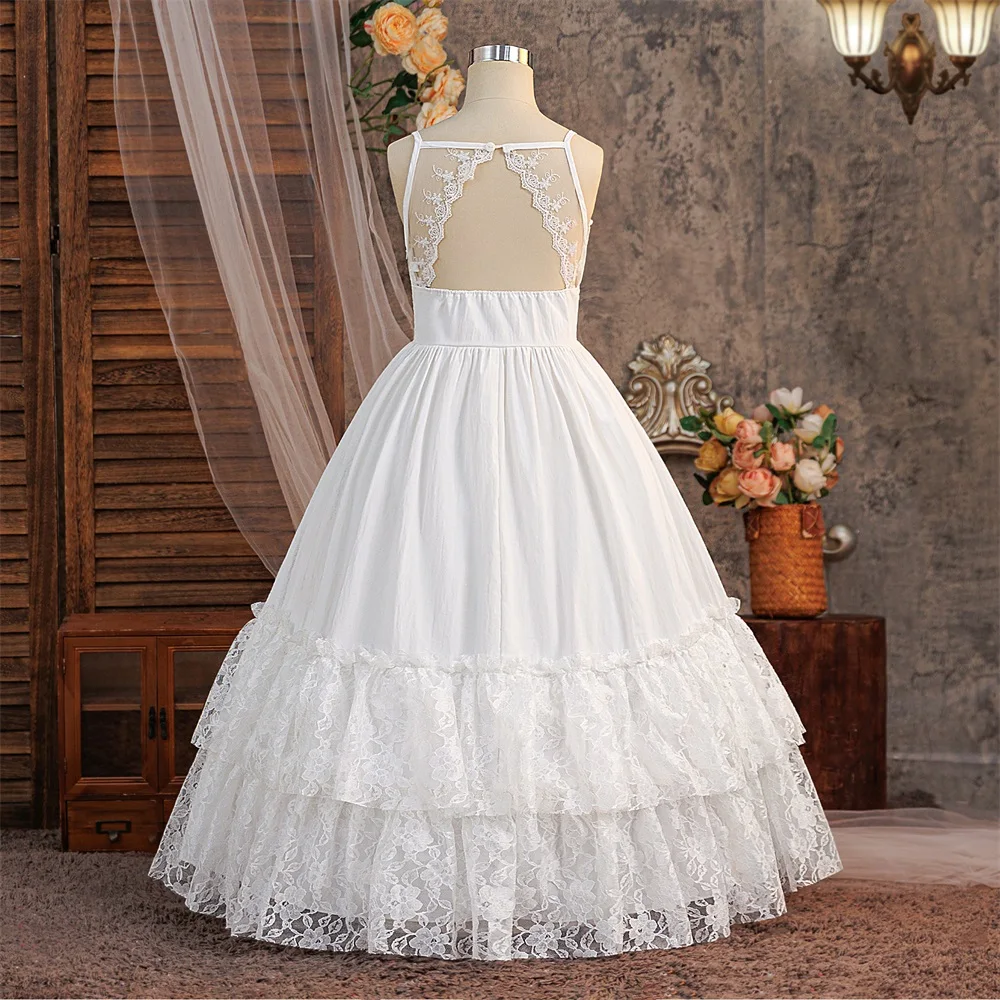 فستان أبيض بدون أكمام من الدانتيل للفتيات ملابس أطفال بدون ظهر فستان الأميرة غير الرسمي للسفر والعطلات
