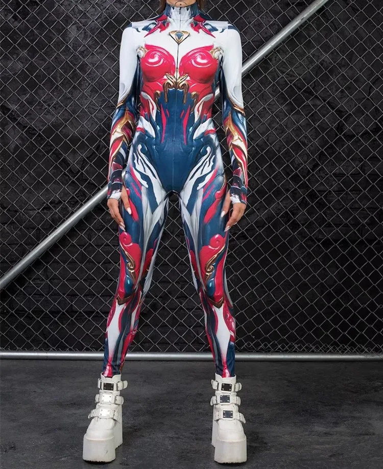 Erwachsenen-Sportanzug mit hoher Taille, Damen-Cosplay-Kostüm, sexy Anzug mit blauen Farbelementen, Muskel-Halloween-Bodysuit – Detail 20