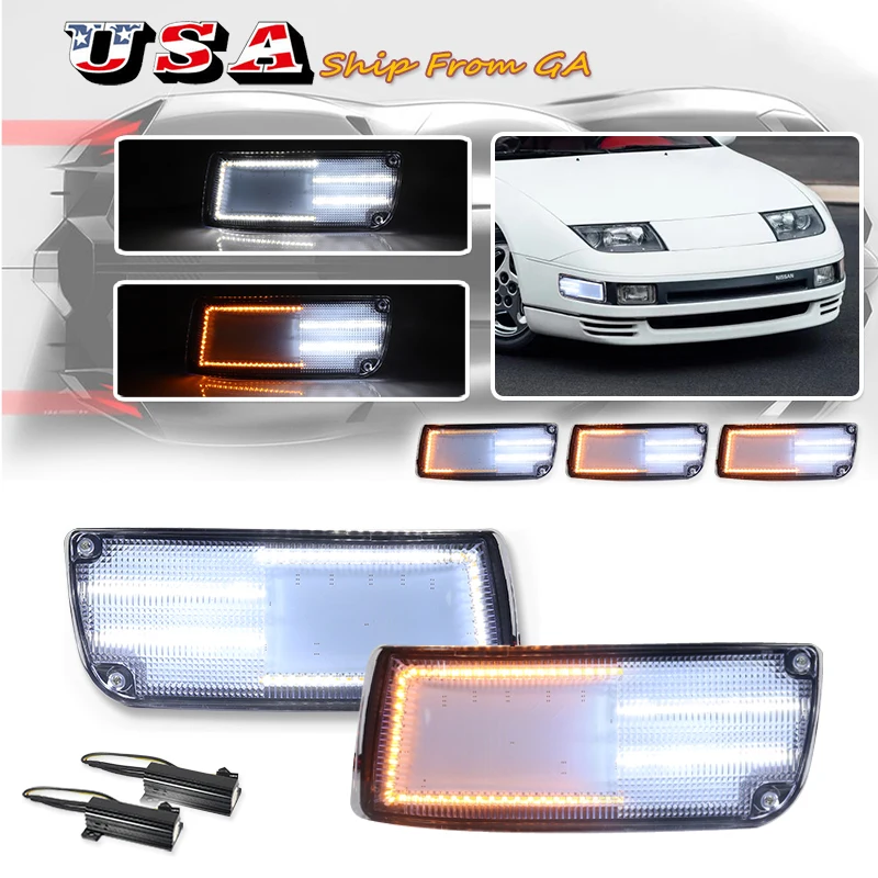 For Nissan 300ZX Z Z32 Front Lower Bumper Turn Signal Light Assy Amber LED Blinker & Xenon White LED Stripe As DRL 1990-1996