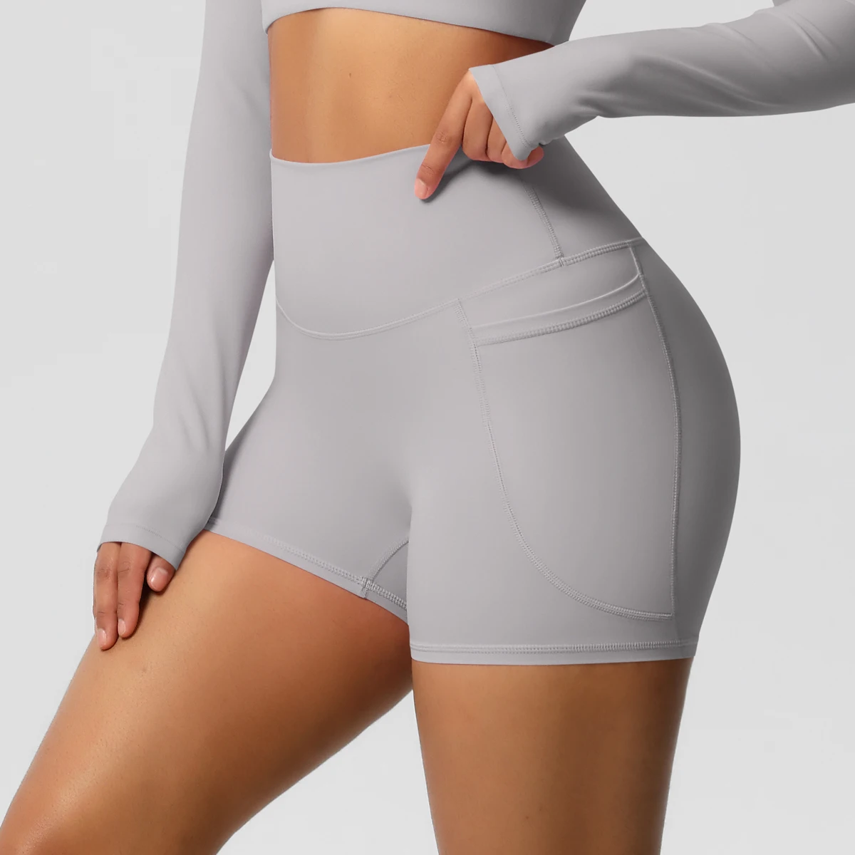 Einfarbige Yogahose mit Taschen, schnell trocknend, hohe Taille, für Fitnessstudio, Push-Up-Yoga-Shorts für Damen, atmungsaktiv, Workout, Fitness, kurz – Detail 32