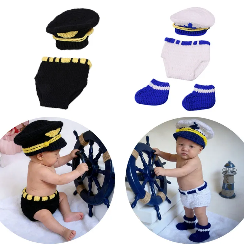 

Комплект из 3 предметов: костюм моряка/полицейского для фотосессии новорожденных мальчиков и девочек, вязаный крючком, ручная работа, для студийной фотосъемки