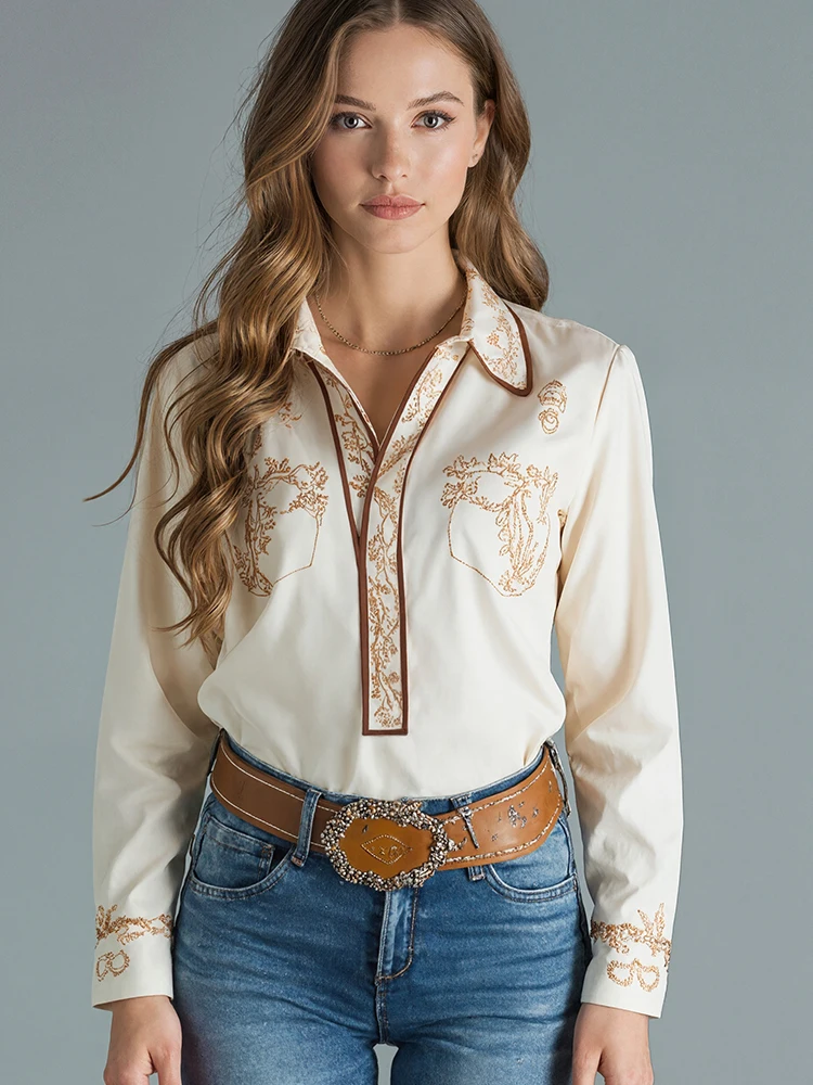 Koszula damska w kwiatowy wzór z długim rękawem, elegancki kołnierzyk, etniczny styl, casualowy, vintage, blokowanie kolorów, bluzki 2025