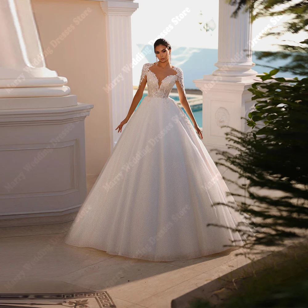 Bellissimi abiti da sposa da donna Lussuosi applicazioni in pizzo A-Line Tulle Abiti da sposa Banchetto di fidanzamento Abiti da principessa personalizzati