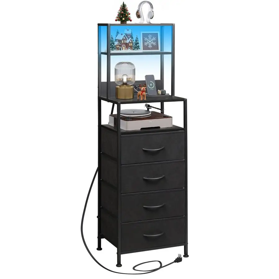 Tall Nightstand with Charging Station, LED Night Stand with 4 Drawers and Storage Open Shelves, Fabric Dresser for Bedroom, Livi