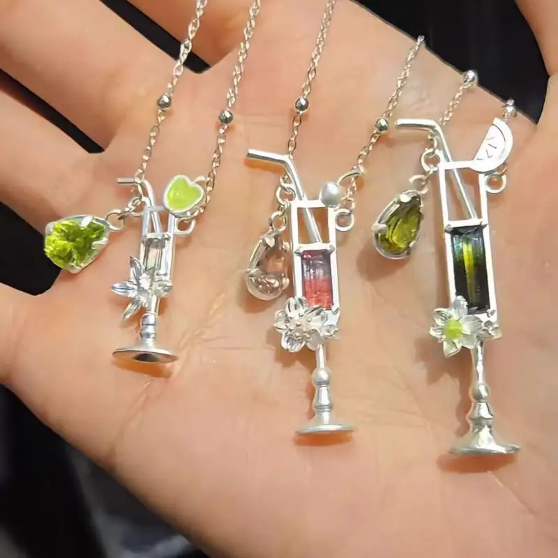 Water Drop Cup Shaped Pendant Necklace Fun Geometry Flower Fruit Drink Trendy Jewelry for Women Street Wear Accessory