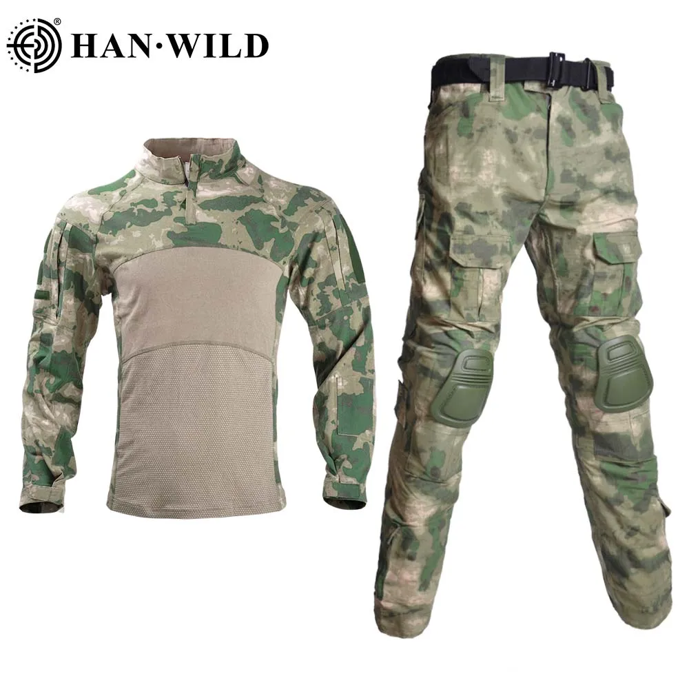 

Combat Uniform Tactical Shirts US Camo Windproof Cargo Pants +Pad Work Clothes Airsoft Shirt Men