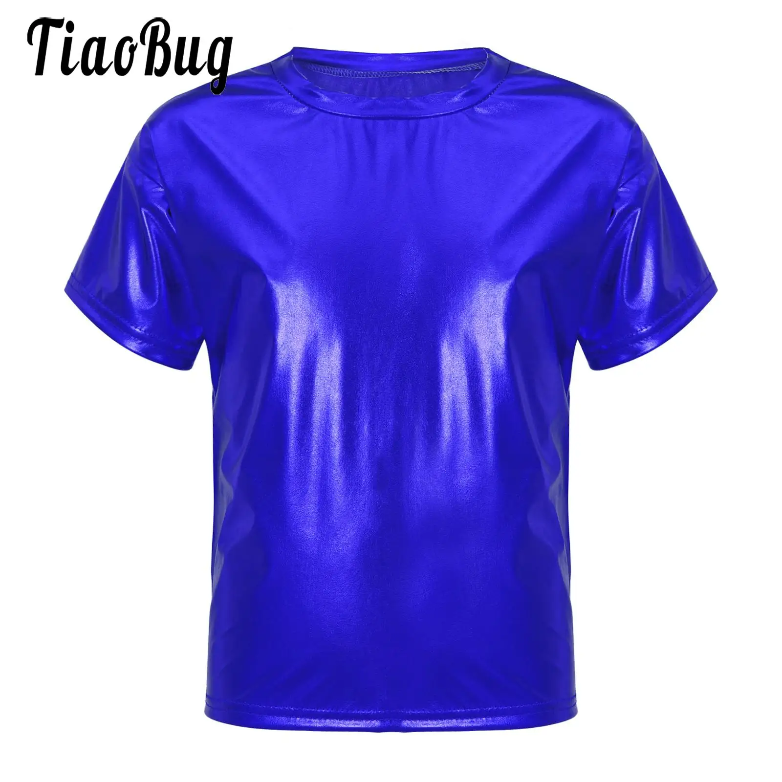 Meninas meninos metálico brilhante desempenho dancewear camisa de manga curta camisa solta moderno hip hop dança blusa superior para crianças