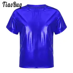 Girls Boys Metallic Shiny Performance Dancewear Short Sleeve Shirt T-Shirt Loose Modern Hip Hop Dance Top Blouse for Children