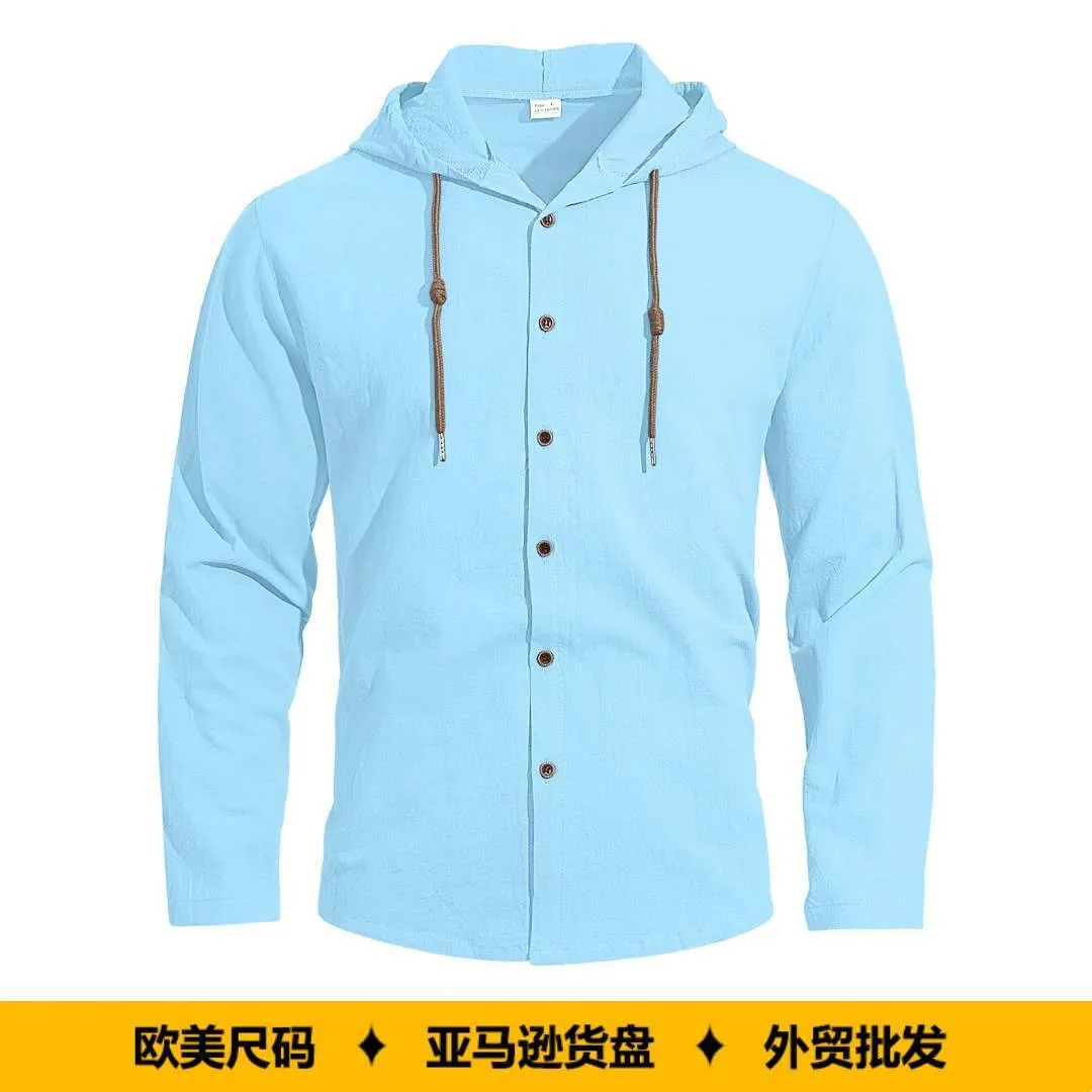 

Men's Hooded Shirt Cotton Open Front Hoodie Shirt Drawstring Hood Long Sleeve Hooded Shirt Light Blue Black Casual Hooded Top