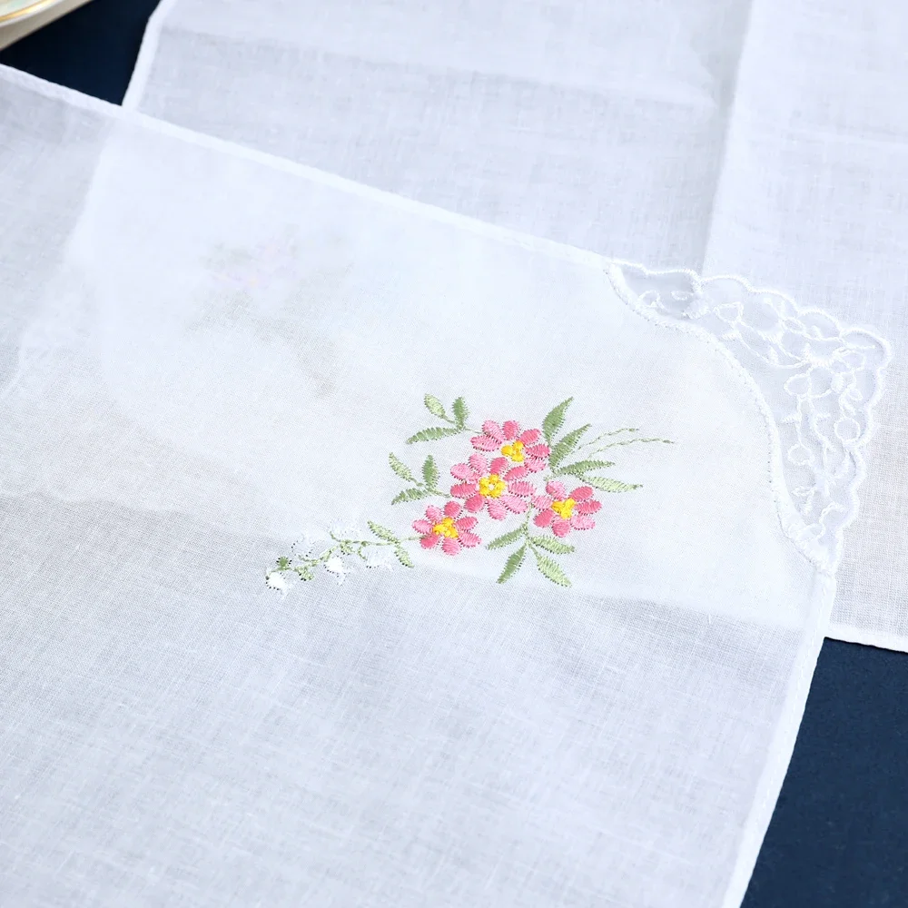 12 Pack of Women's Elegant Lace Embroidered Handkerchiefs, Pure Cotton Handkerchiefs, Thin and Soft, Wedding Season Bridal