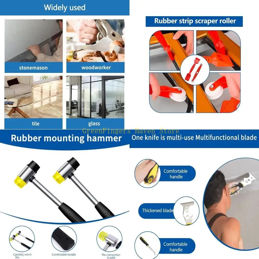 F68D Multipurpose Window Glazing Tool With Angled Scrapers Vibration Dampening Hammer And Leakproof Roller System