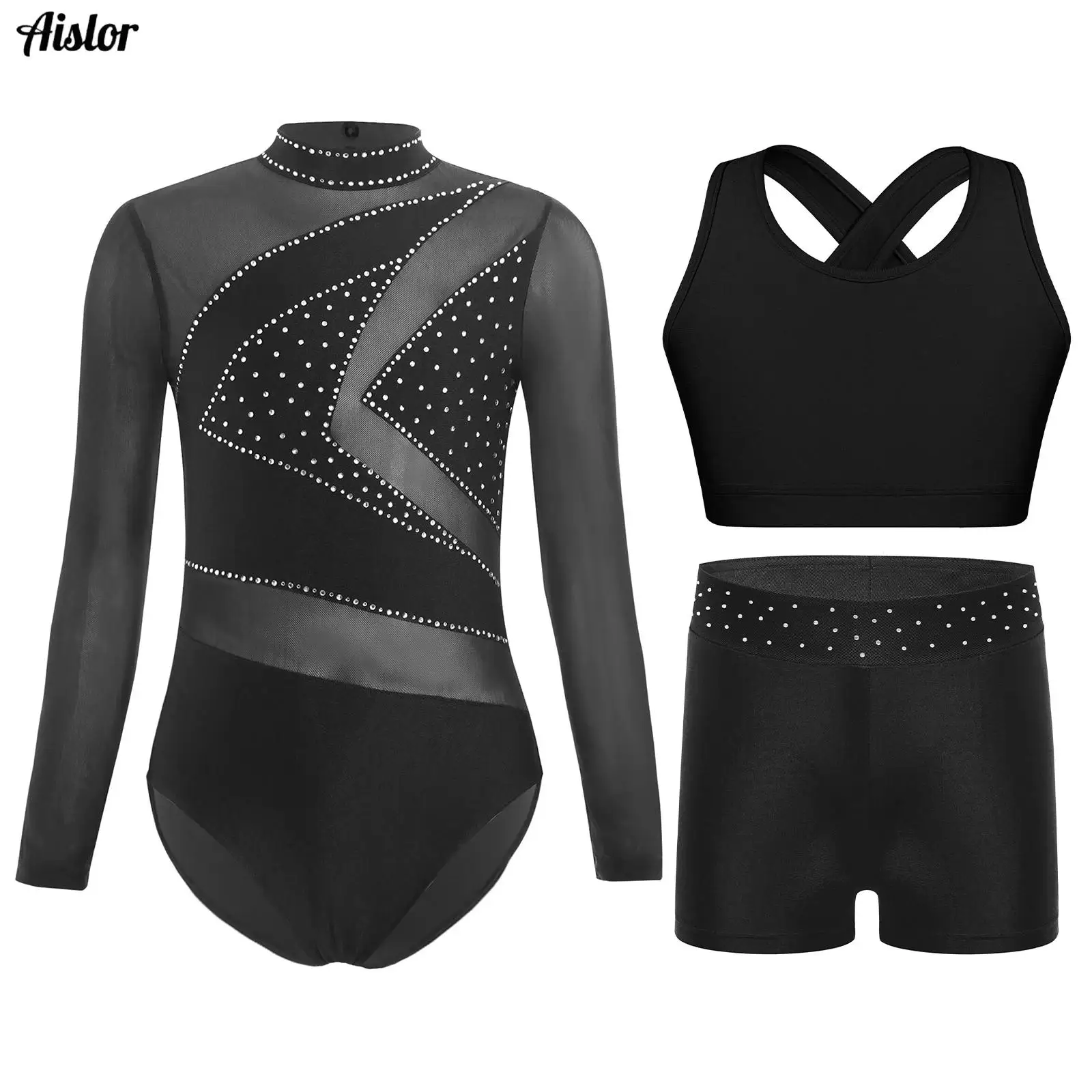 

3 Pcs/Set Kids Girls Gymnastics Figure Skating Performance Costume Sheer Mesh Long Sleeve Leotard + Cross Back Vest + Shorts