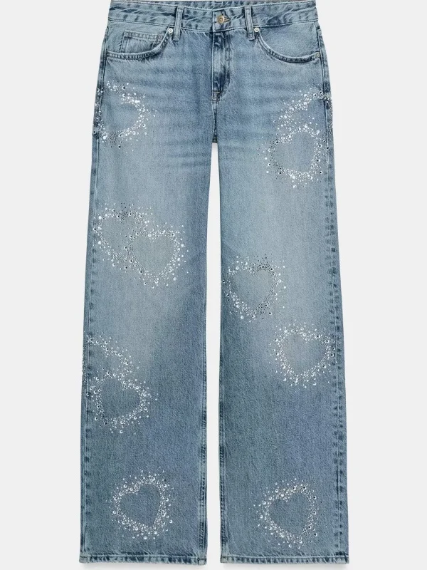 

Low Waist Wide Leg Denim Jeans Women's Vintage Style Heart Shaped Rhinestone Casual Cotton Trousers Spring Summer New Arrival