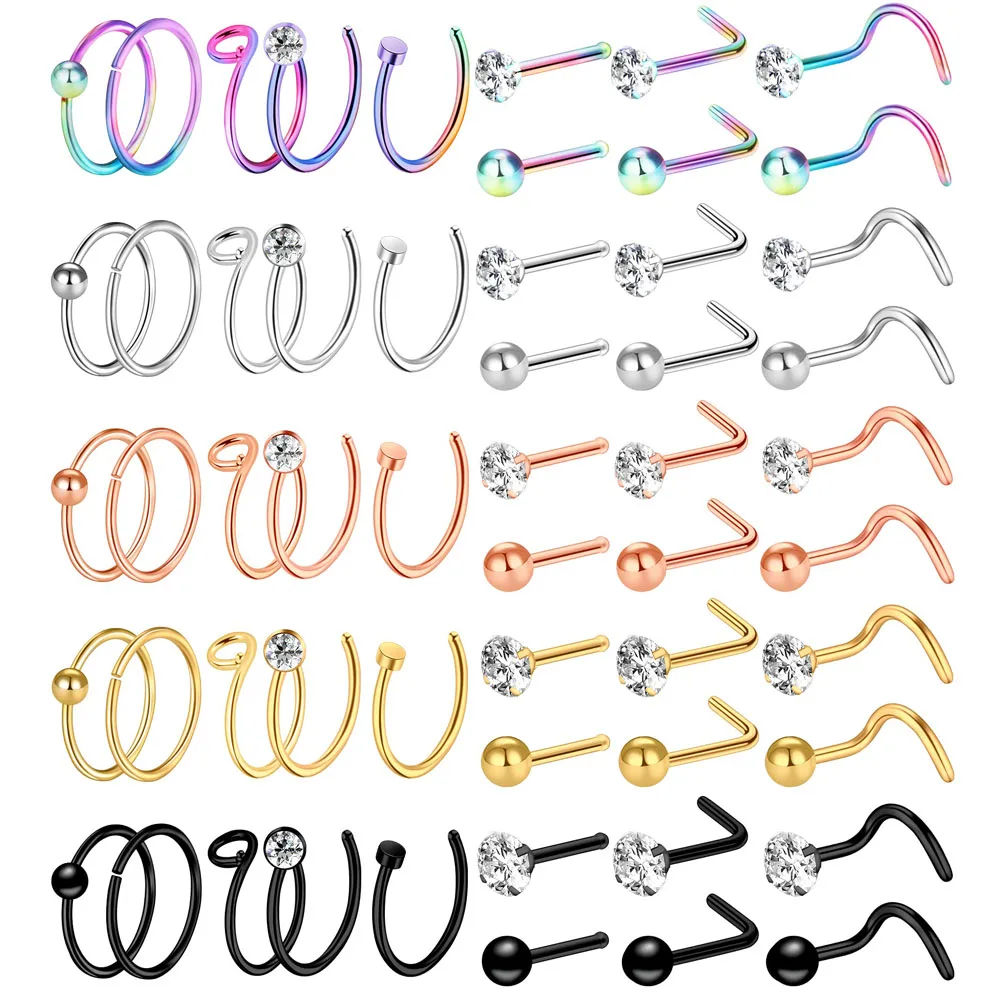 1Pcs 20G Nose Rings for Women and Men L Shape Screw CZ Nose Bone Studs Stainless Steel Body Piercing Jewelry