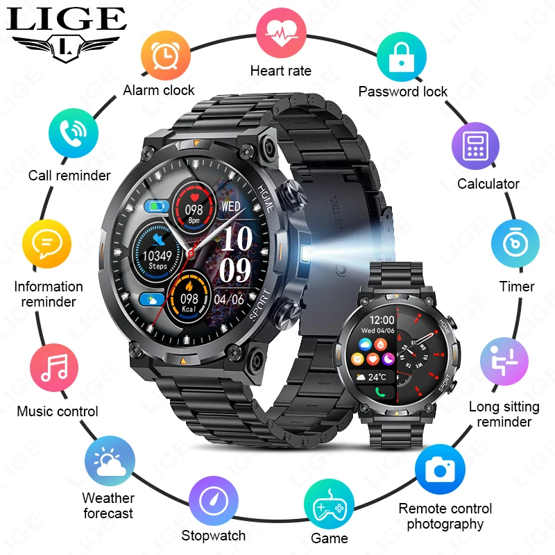 

LIGE Smartwtach Men 1.43 Inch AMOLED Screen Men Watch Health Monitoring Sports LED Flashlight Smart Watch Bluetooth Call Watches
