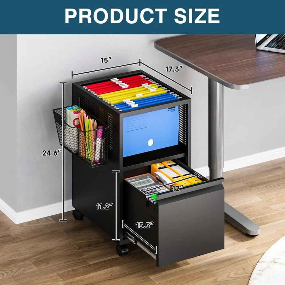 File Cabinet with Drawer, Mobile Files Organizer with Hanging Rod for Letter/Legal File Folders Storage, Filing Cabinets