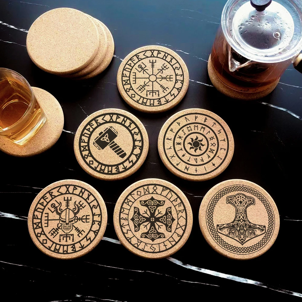 Cork Coaster 0.8cm Thicken Engraved Cool Viking Pattern Cup Tea Coffee Mug Holder for Kitchen Mat Tableware Round Drink Coasters