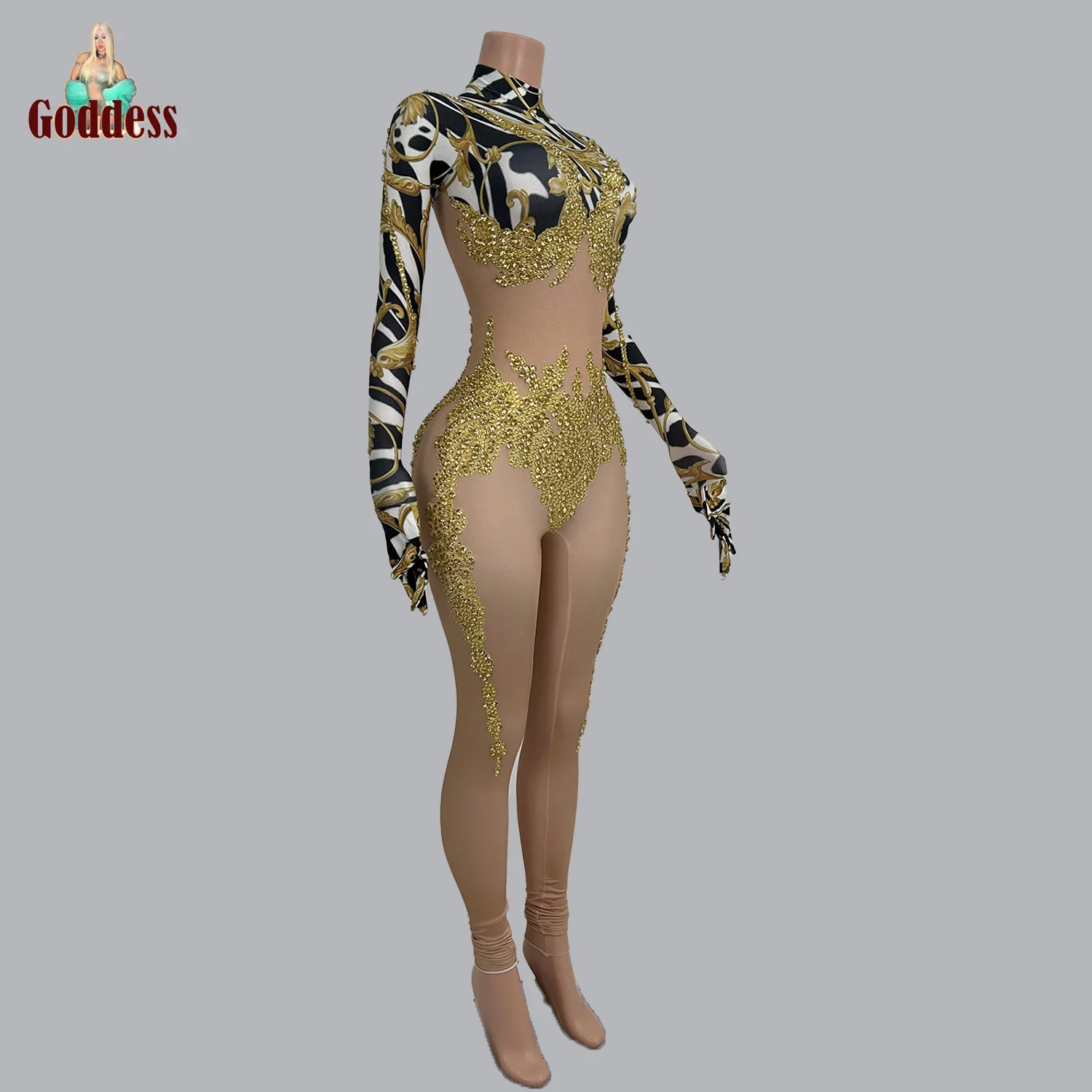 Sexy Sparkly Gold Rhinestone Sexy Jumpsuit with Gloves Club Party Leggings Stage Pole Dance Dancing Floor Bar Hot Dance Jumpsuit