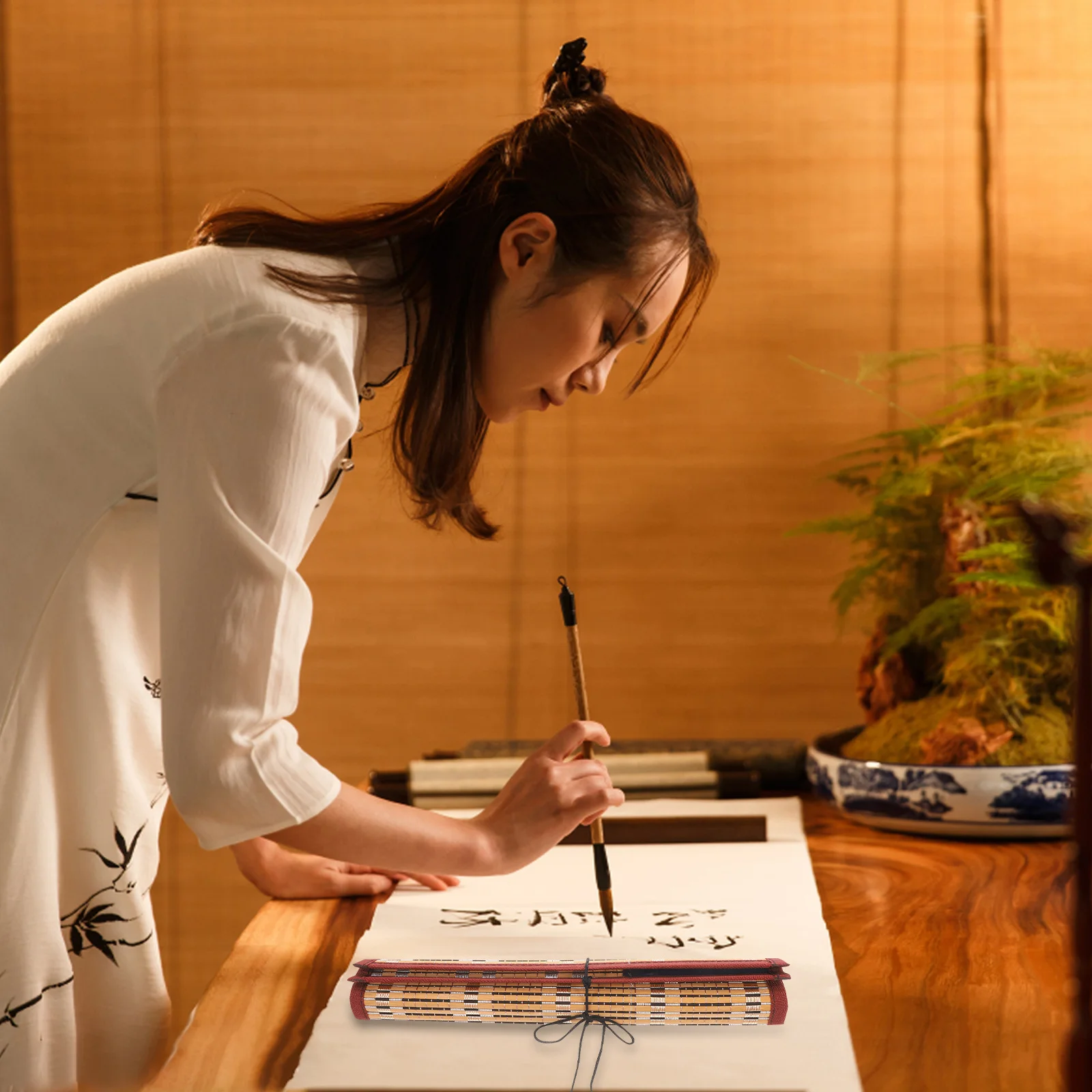 

1pc Bamboo Writing Brush Holder 8 Slots Portable Calligraphy Pen Bag Lightweight Pencil Roll Wrap Storage Organizer